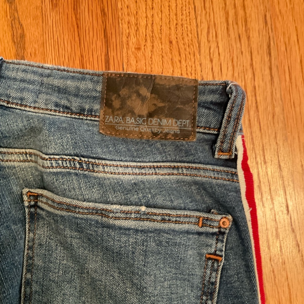 Zara Jeans with Red and White Side Stripe, Distressed and Frayed, 5-Pock… - Picture 8 of 11